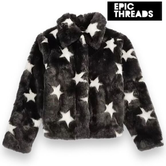 Epic Threads Big Girls Faux Fur Star Jacket Coat Black White Stars Whimsigoth XL - Picture 3 of 9